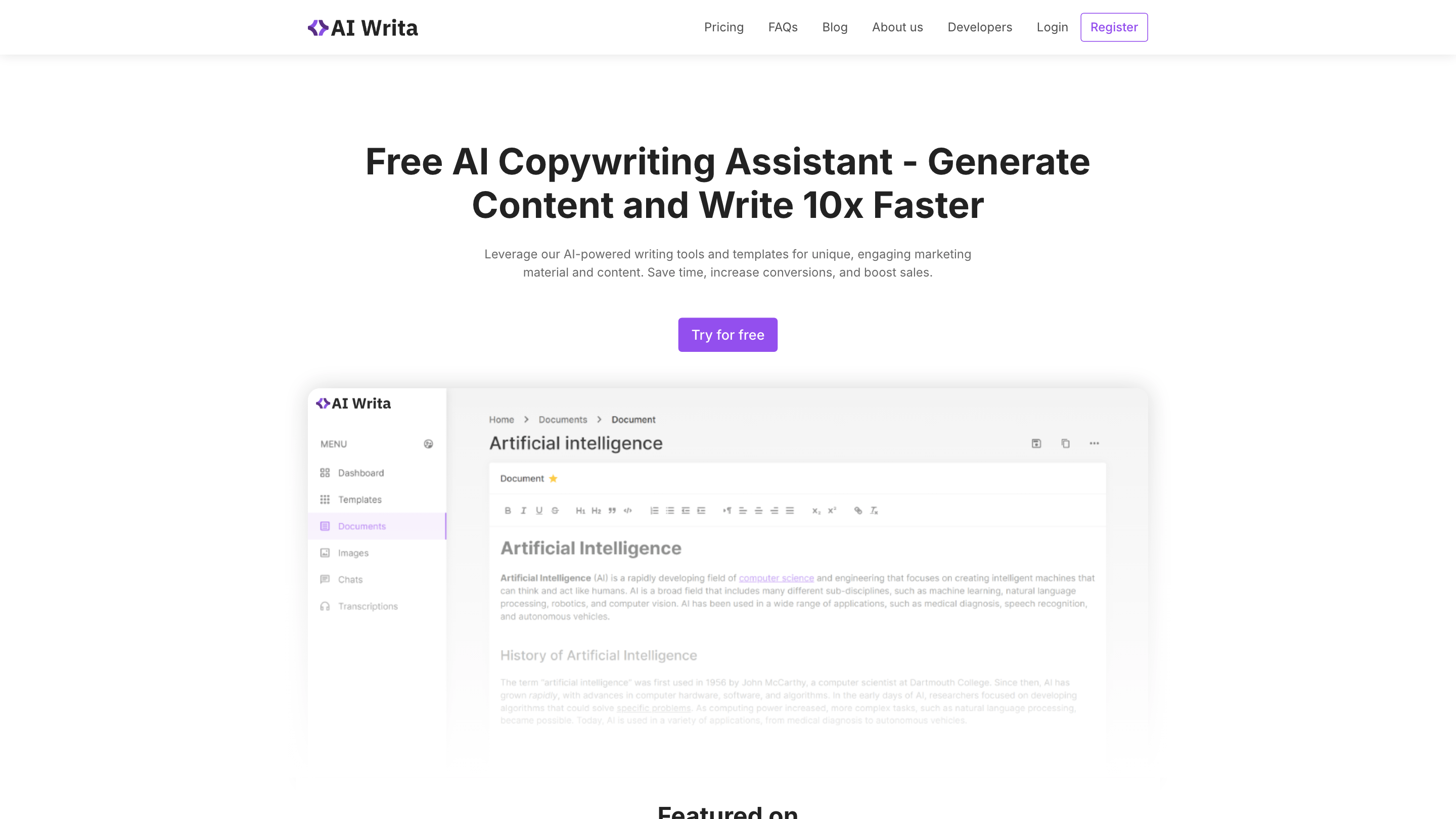 AI Writa - Free AI Writer - Text Generator & AI Copywriting Assistant